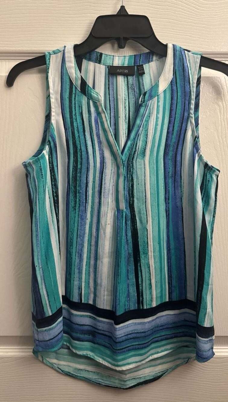 Apt. 9 Blue Teal Striped Sleeveless Split Neck Blouse Size Petite PXS